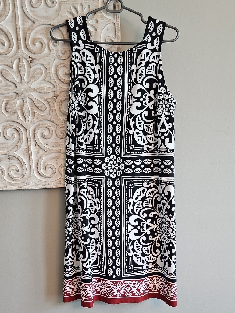Talbots Black & White Printed Sleeveless Midi Dress with Red Border